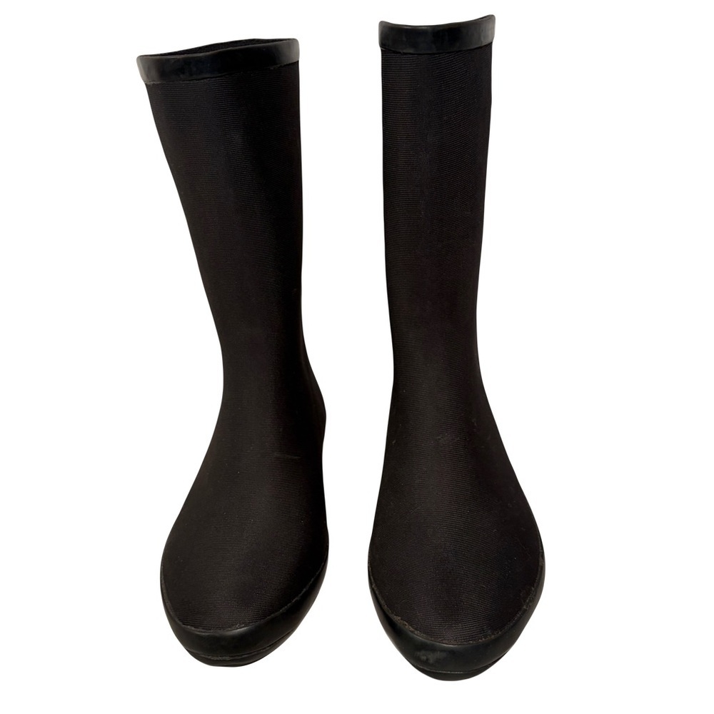 dav Women's Black Rain Boots with Pink Stripe on back size 6 height 10” scratch - Picture 2 of 9